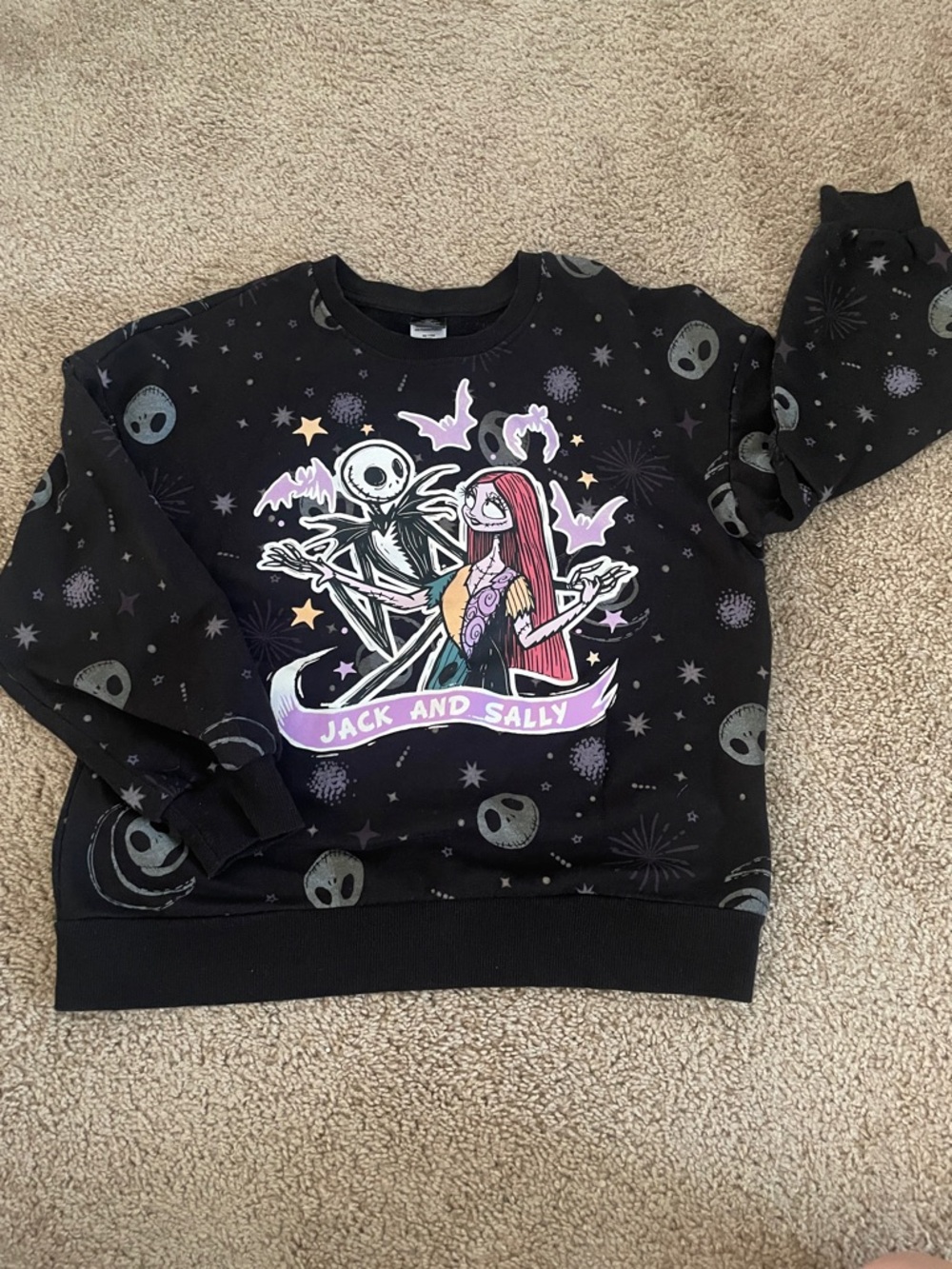 Nightmare Crewneck Sweatshirt - Jack and Sally Graphic - Black & Purple